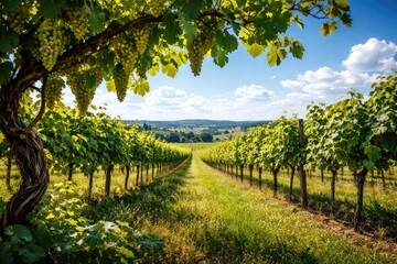 Naklejka premium Summer vineyard scene with lively grapevines waving above vibrant green fields and blue sky