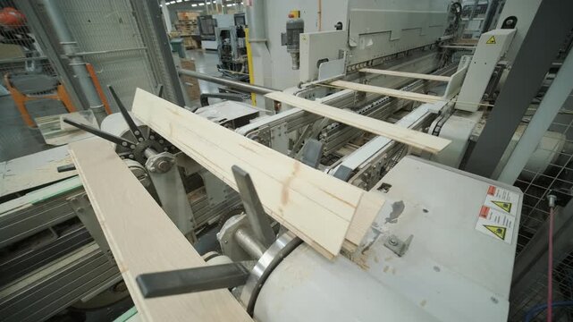 Close-up of an automated production line with timber slats in motion within a modern wood processing facility