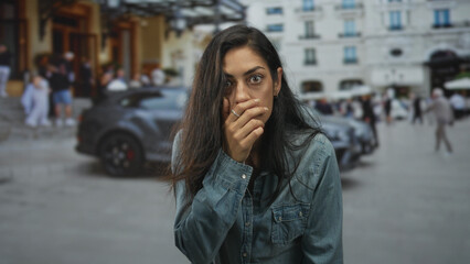 Fototapeta premium Woman with hand to mouth and open mouth gesture in denim shirt on street near parked car and buildings, wide eyed expression; surprise urban moment.
