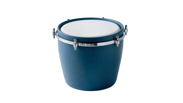 Dark blue bongo drum with white head and chrome hardware, isolated on transparent background