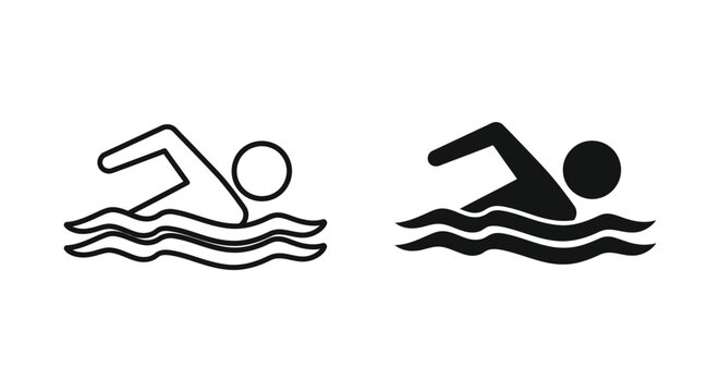 Person swimming in water icon set featuring a swimmer in freestyle stroke in outline and solid vector style for sports apps and aquatic center branding or summer vacation design projects