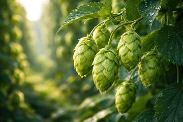 Naklejka premium Bright green fresh hops cones at early growth stage