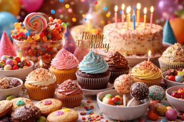 Naklejka premium Scrumptious birthday dessert spread with cupcakes and assorted candy treats