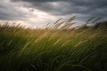 Naklejka premium Natural scene of tall lush grasses waving quietly with soft gray clouds overhead