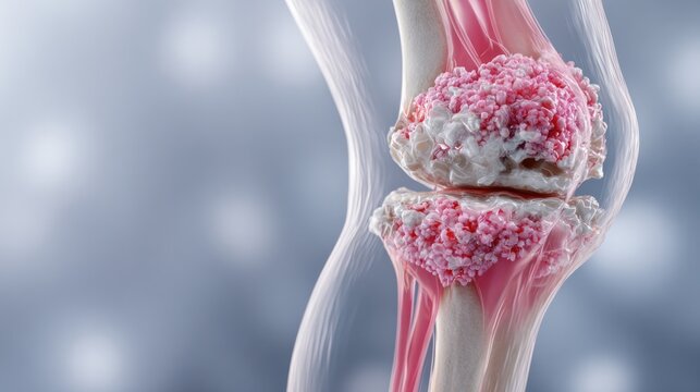 Osteoarthritis Illustration: A detailed anatomical illustration vividly portrays the impact of osteoarthritis on a human knee joint, highlighting the degenerative changes in cartilage, bone spurs.