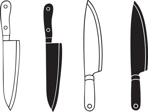 Kitchen knife silhouette and line drawing set in black and white style. Chef and cooking blade outline and solid icons perfect for culinary and restaurant designs.