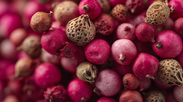 closeup of pink pepper seeds highlighting detailed surface texture and natural spice patterns for gourmet food and seasoning themes