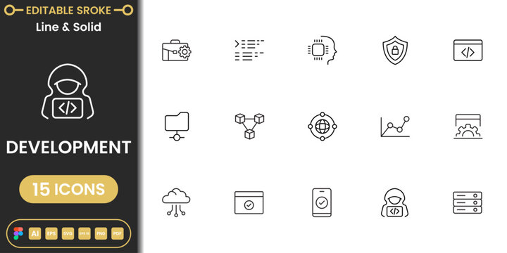 Development icon set with coding, programming, software, web and app development symbols modern outline vector collection