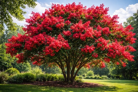 Red flowering crepe myrtle tree showing full summer blooms