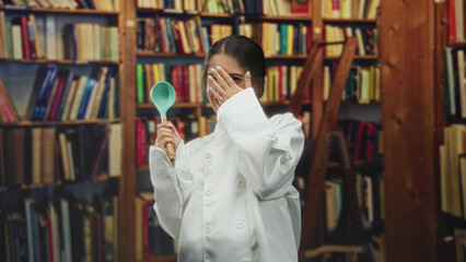 Young woman chef in white coat holds turquoise ladle and covers mouth with hand while smiling amid bookshelves in a library building  playful joy. © Krakenimages.com
