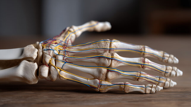 Annotated human hand and wrist anatomy diagram showing carpal bones, extensor tendons, ulnar and radial arteries, and median nerve pathway with ergonomic risk zone highlights for occupational therap