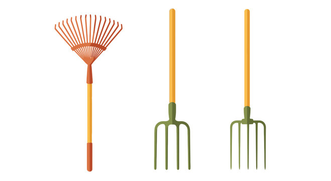 Gardening Tools: Leaf Rake and Pitchforks on White Background