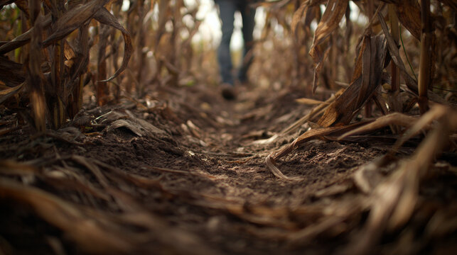 Modern close-up of dirt path and corn stalks with blurred legs walking through maze, depth of field background with minimal layout