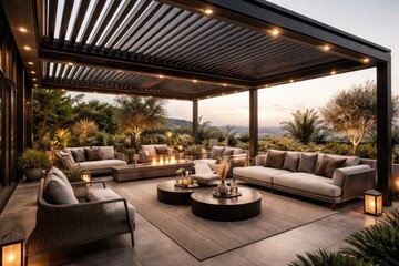 Fototapeta premium Sophisticated terrace area equipped with flexible aluminum pergolas for upscale outdoor use