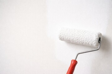 Obraz premium Paint roller with fresh white paint on neat wall featuring copy space for painting mockup