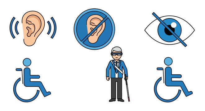 Disability icons: hearing loss, blindness, wheelchair users, and visually impaired man with cane.