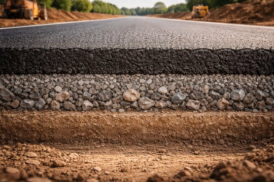 Textured asphalt road cross section showing gravel sublayer for construction projects