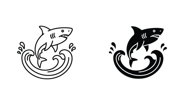 Dynamic shark jumping out of ocean waves outline and solid black silhouette icon set representing power and marine life isolated on white background