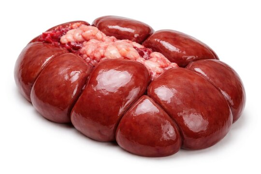 Raw beef kidney isolated with white background in macro view