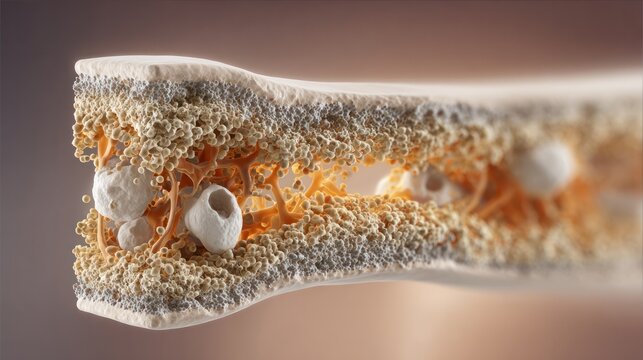 Bone Structure Insight: A detailed, close-up visualization of human bone structure, revealing the intricate internal network and texture.