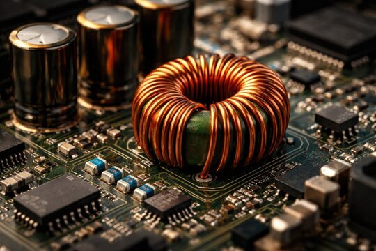 Printed circuit board featuring copper wire winding on a toroidal inductor with nearby capacitors