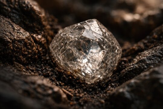 Close inspection of natural rough diamond trapped in rocky terrain