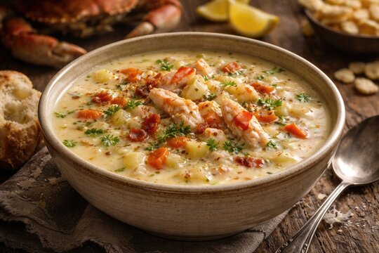 Warm bowl of traditional crab chowder