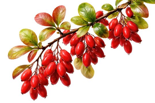 Red barberry fruits on leafy twig exhibiting vivid colors suitable for plant illustration with white background