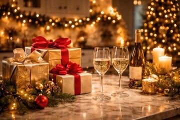 Naklejka premium Elegant holiday kitchen decoration showcasing wrapped presents and wine glasses sparkling in warm Christmas lighting