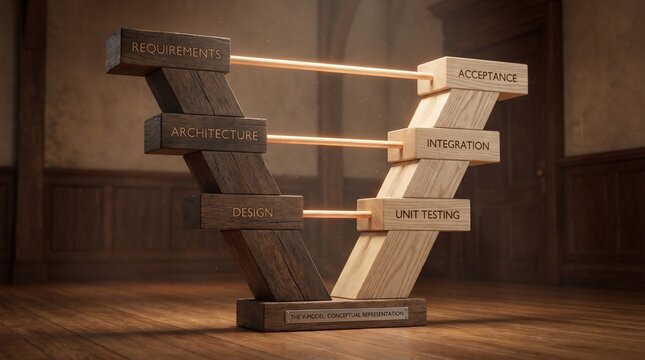 V-model concept made of wood illustrating software development lifecycle stages in a wooden room 3D render