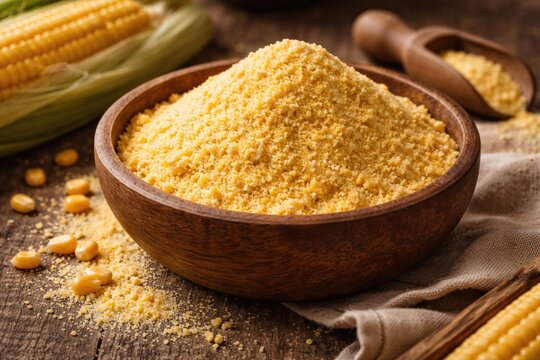Yellow corn flour raw and organic in wooden bowl with soft textures on rustic surface