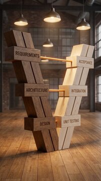 V-model software development lifecycle concept with wooden blocks in an industrial setting 3D render