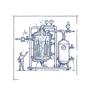 Hand-Drawn Style Illustration of an Industrial Hydrogen Water Electrolysis System and Storage Tank