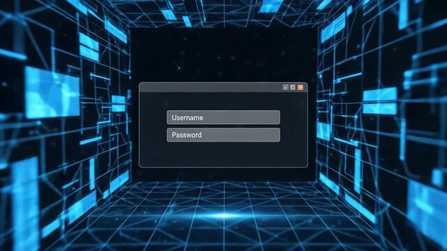 digital login screen with username and password fields in futuristic glowing blue cyber tunnel. secure network access, user authentication concept. it security background.