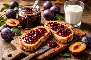 Naklejka premium Sweet plum jam on rustic crunchy bread with fresh plums and glass of milk on wooden table