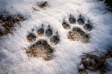 Obraz premium Intimate perspective of creature footprints imprinted on white snow