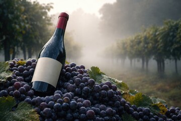 Naklejka premium Wine bottle resting on ripe grapes amidst foggy vineyard setting with ample copy space