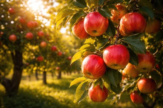 Sunlit apples ready for harvest on orchard trees with selective focus