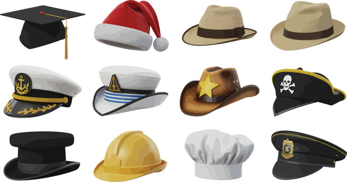Assorted stylish hats and graduation cap collection Vector