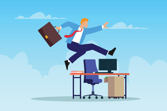 Businessman Jumping Over Office Desk Concept for Success and Freedom 2d flat vector illustration