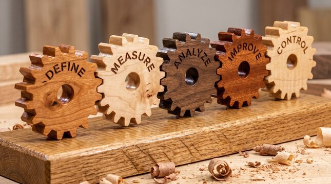 DMAIC process concept with wooden gears define measure analyze improve control on a workshop table