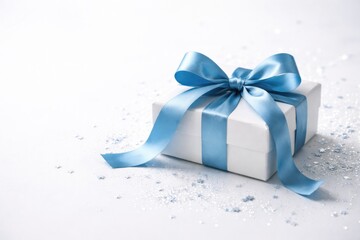 Naklejka premium Holiday gift featuring a blue ribbon sitting on a smooth white background with copy space