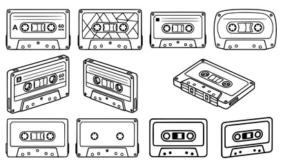 Minimal cassette tape vector black white outline music illustration set © MstLiza
