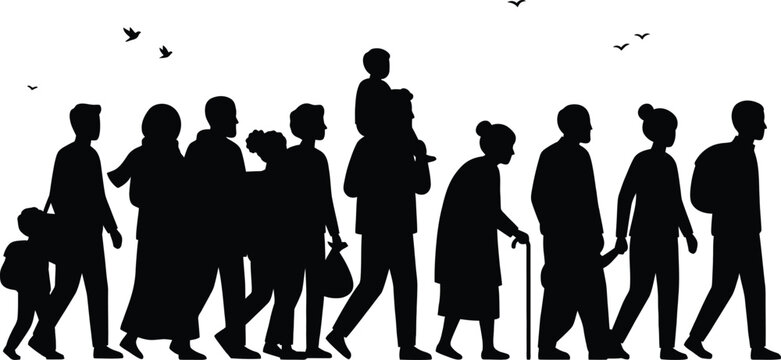 Silhouette of diverse group of people walking together representing migration journey displaced refugees moving forward in search of safety and better life concept.