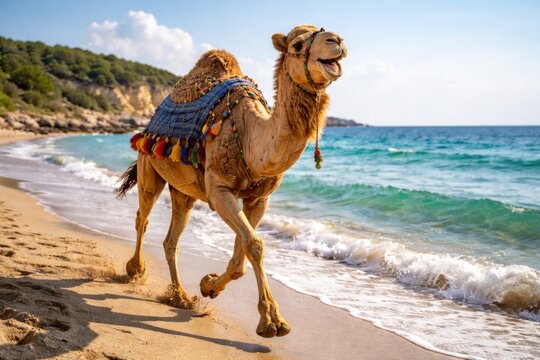 Cheerful camel trotting near the sandy seashore with gentle waves
