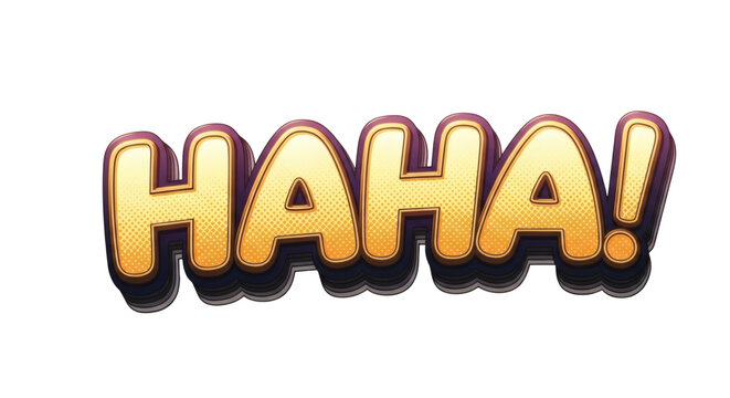Comic style text 'haha' in golden letters with black shadow on white background