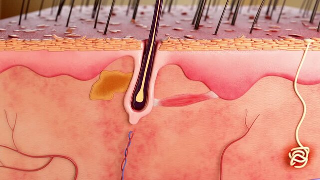 3D animation for shampoo and conditioner ads: a bald male before and after hair loss. Issues include follicle atrophy, hair damage, oily scalp, dandruff buildup, and excessive hair shedding.
