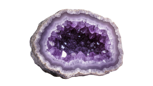 Rough amethyst geode with sparkling purple crystals, isolated on transparent background