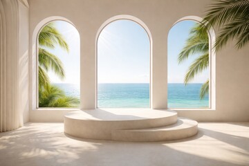 Obraz premium Minimalist styled room with curved podium and arched windows presenting ocean scenery and sunlight streaming in alongside palm leaves copy space