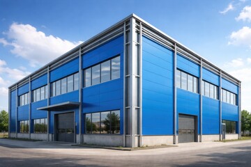Fototapeta premium Steel framed building featuring vibrant blue sandwich panel facade